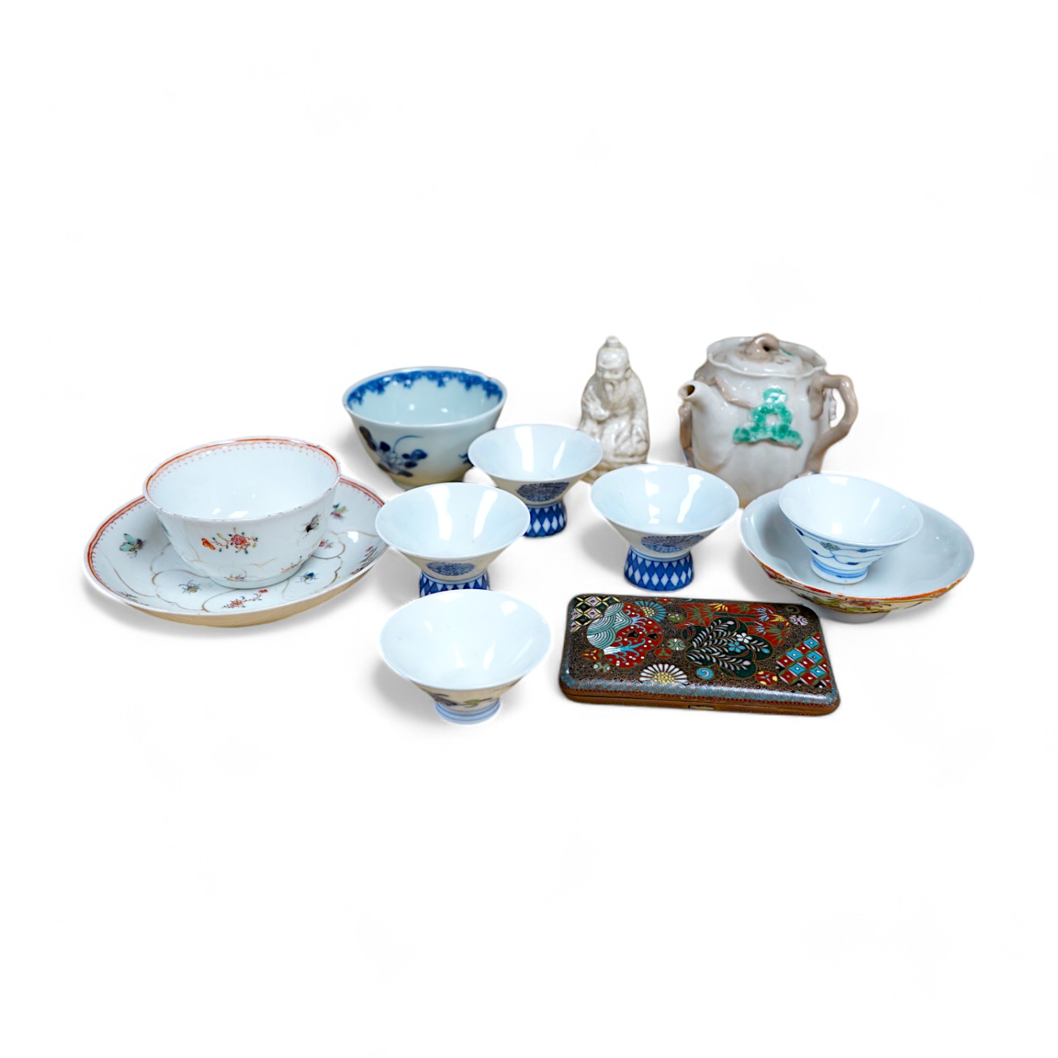 A small group of Chinese and Japanese ceramics to include an 18th century Chinese export teabowl and saucer and a cloisonne cigarette box. Tallest 7cm. Condition - fair to good